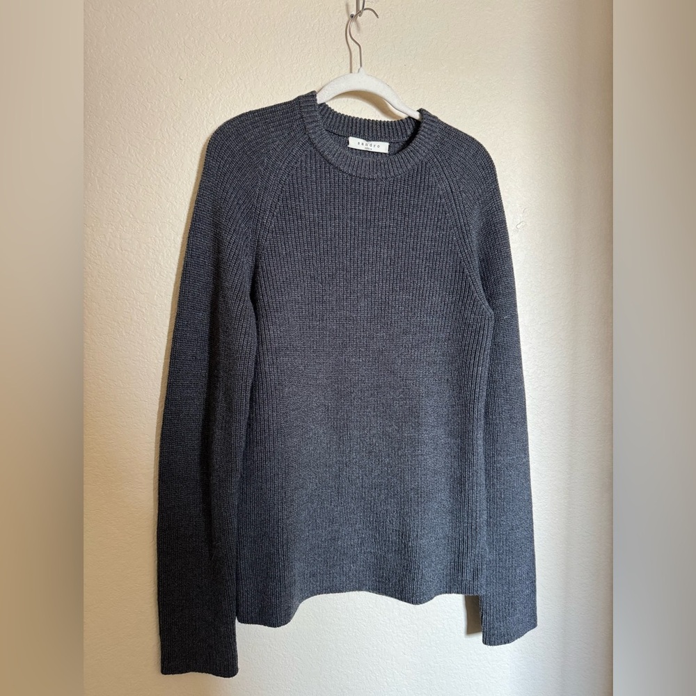 SANDRO Crewneck Merino Wool Knit Sweater Size Large Grey